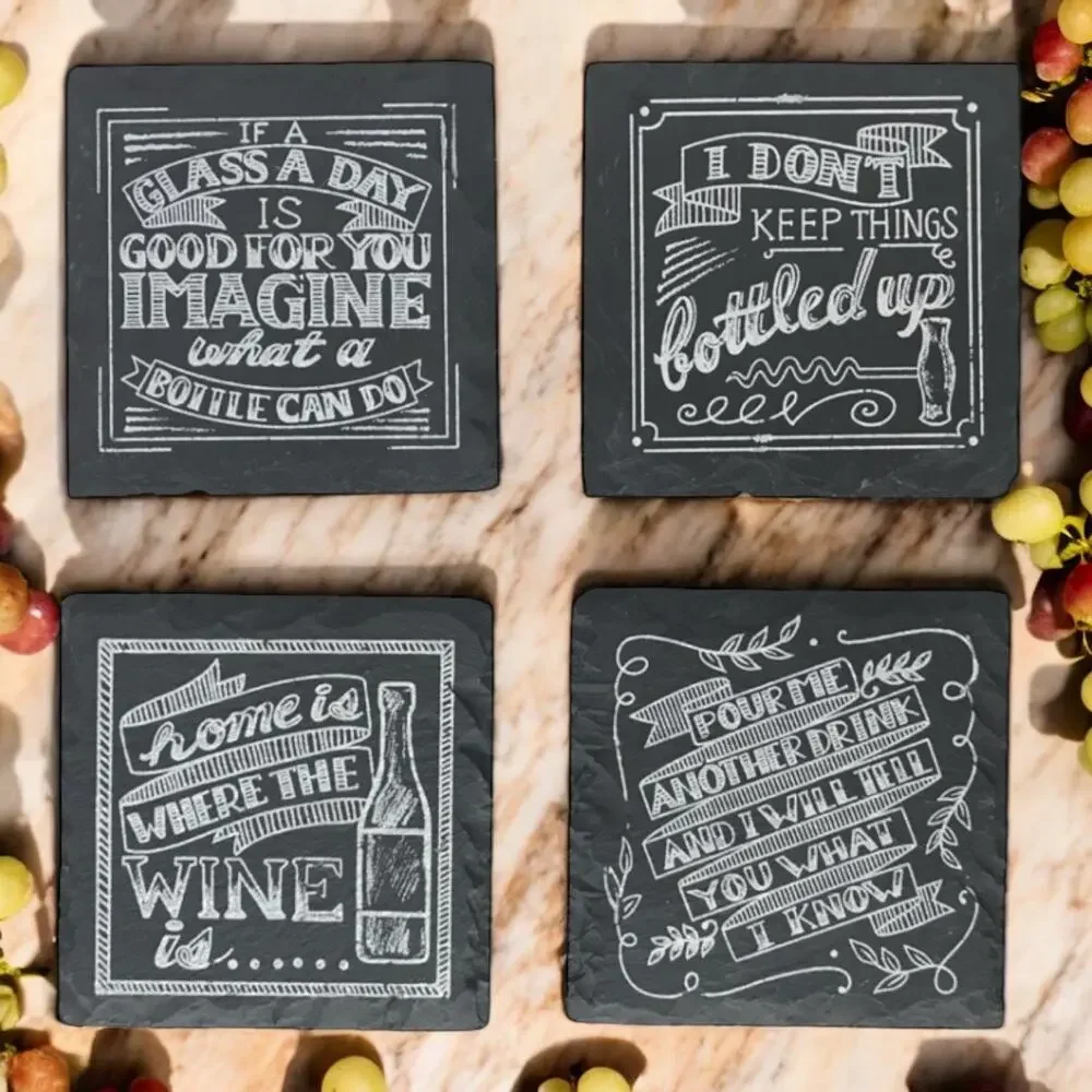Set of 4 Black Slate Wine Barware Coasters Novelty Print Sayings With Felt Pads